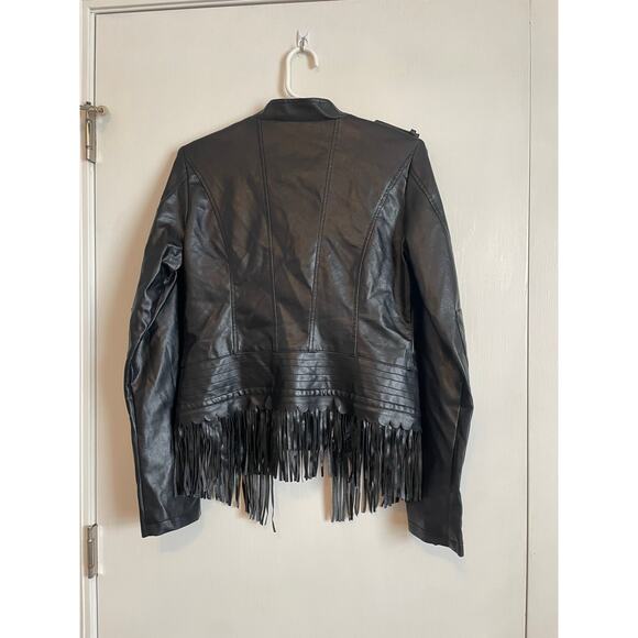 Steve Madden cropped black faux leather moto jacket fringe pockets logo medium - Picture 3 of 12